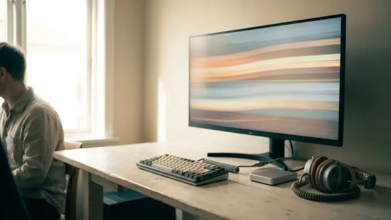 A wide monitor on a desk showing an editing timeline, headphones and a small drive beside the keyboard