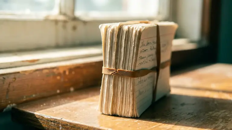A thick stack of handwritten index cards bound with a rubber band, standing on edge