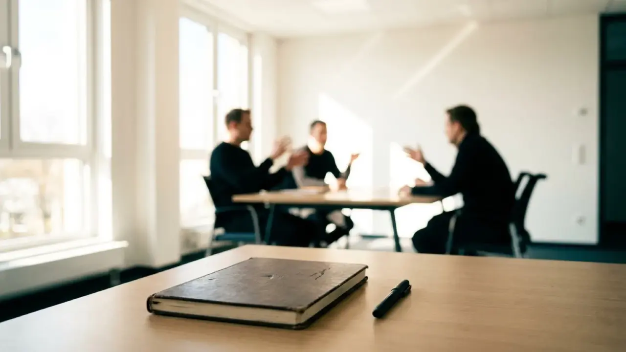A closed notebook and an untouched pen on a meeting room table, with people out of focus behind