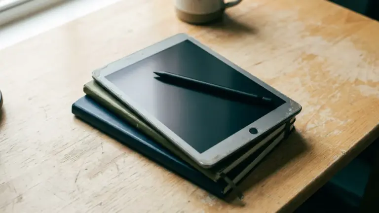A tablet and stylus resting on top of two closed notebooks, seen from above