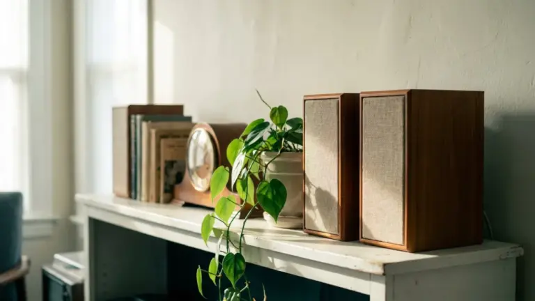 Two small bookshelf speakers on a white shelf beside a trailing plant and stacked books