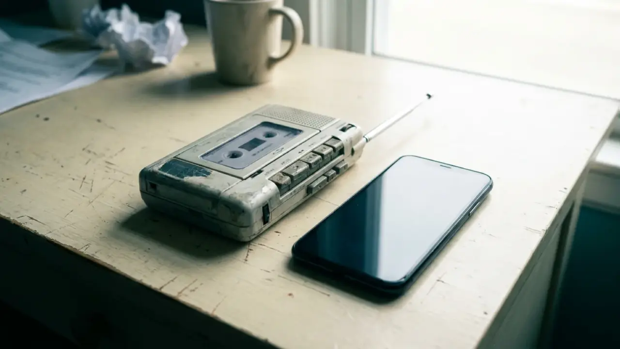 An old cassette dictaphone lying beside a modern smartphone on a pale desk in daylight