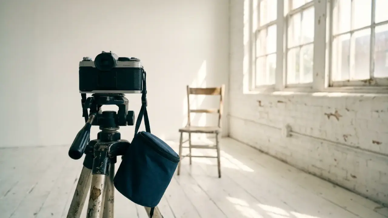 A video camera on a tripod facing an empty chair in a bright white room