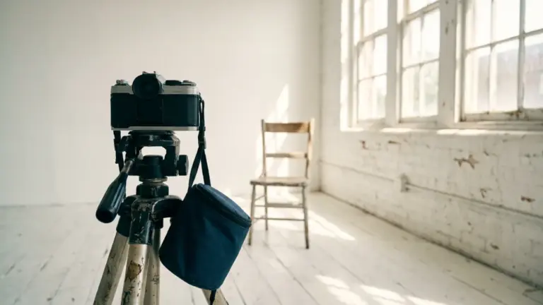 A video camera on a tripod facing an empty chair in a bright white room