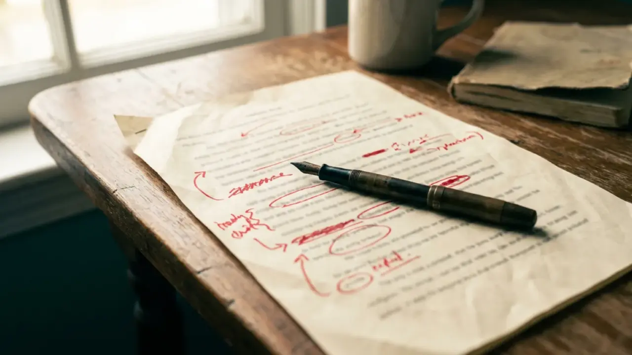 A printed draft covered in red pen corrections with a fountain pen lying across it