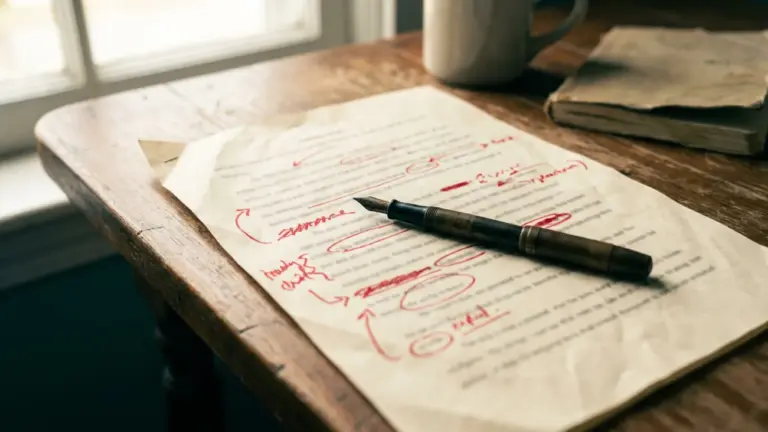 A printed draft covered in red pen corrections with a fountain pen lying across it