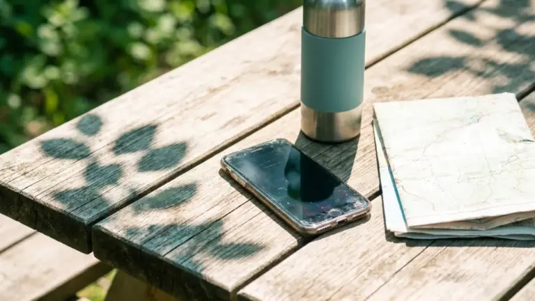 A phone on a weathered wooden picnic table outdoors beside a bottle and a folded map