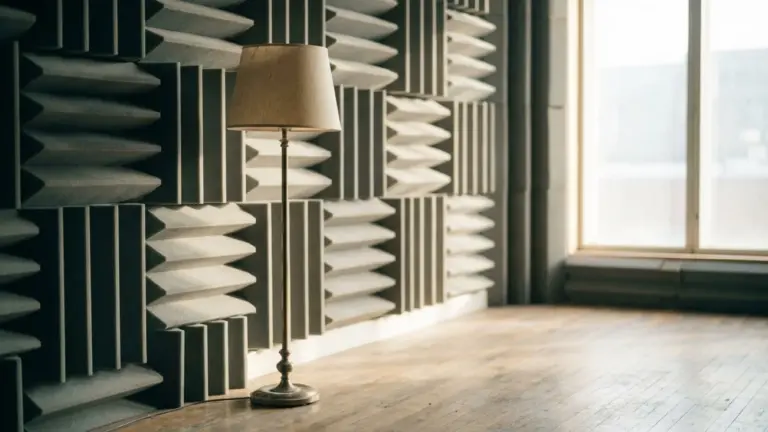 A wall of grey acoustic foam wedges at a raking angle with a lamp standing against it