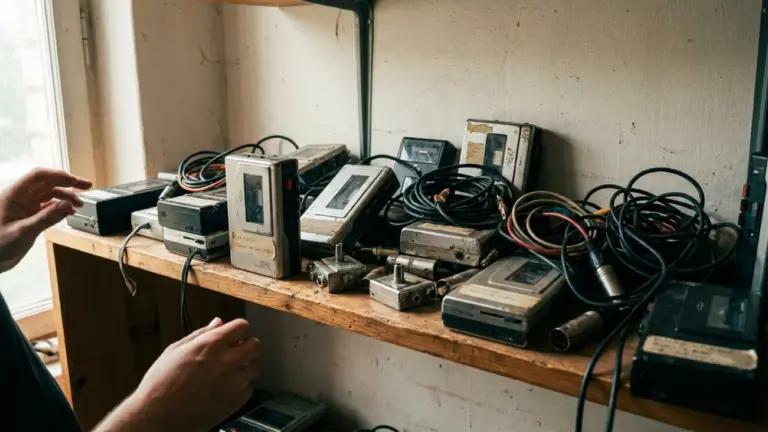A workshop shelf of assorted small recorders, adapters and coiled cables