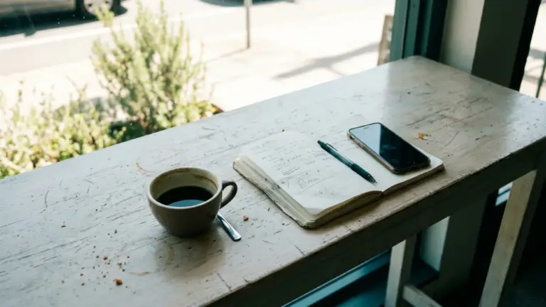 A phone and an open paper notebook side by side on a café table by a window