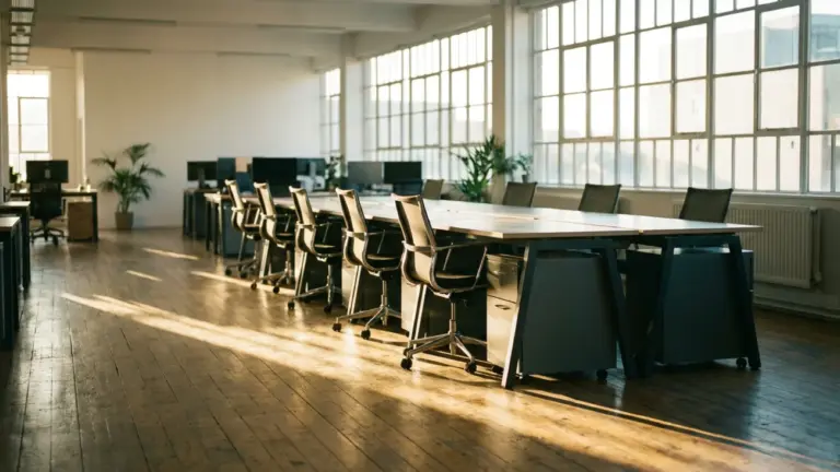 A row of empty desks in an open-plan office early in the morning