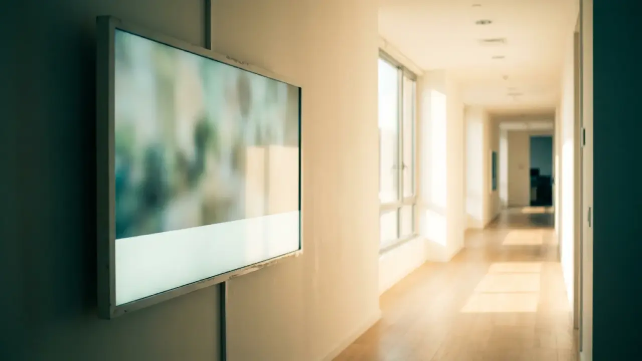 A wall-mounted screen in an office corridor showing a video with a caption bar across the bottom