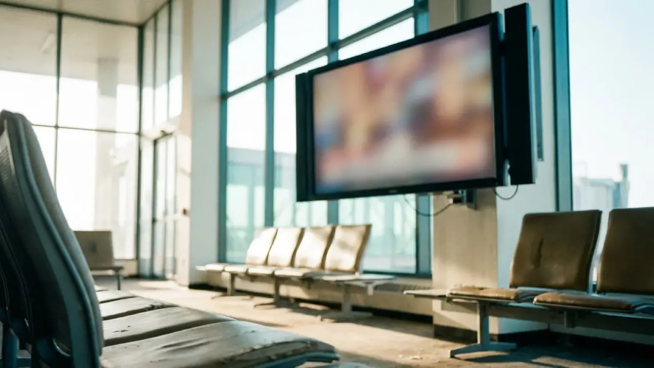 A muted television mounted high on the wall of a bright airport waiting area