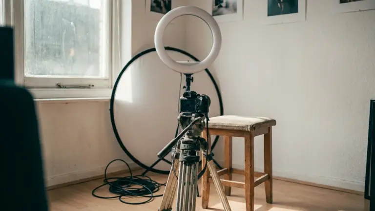 A home studio corner with an unlit ring light, a camera on a tripod and a stool