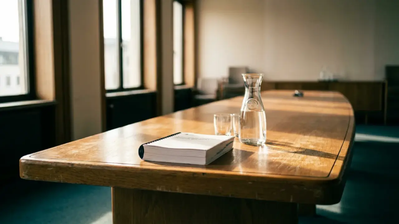 Bound document, a water carafe and two glasses on a polished table in a wood-panelled conference room