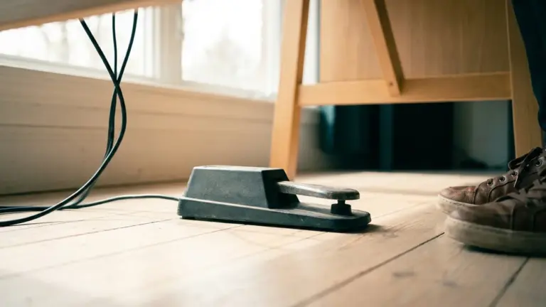 A transcription foot pedal on a wooden floor under a desk, cable trailing away