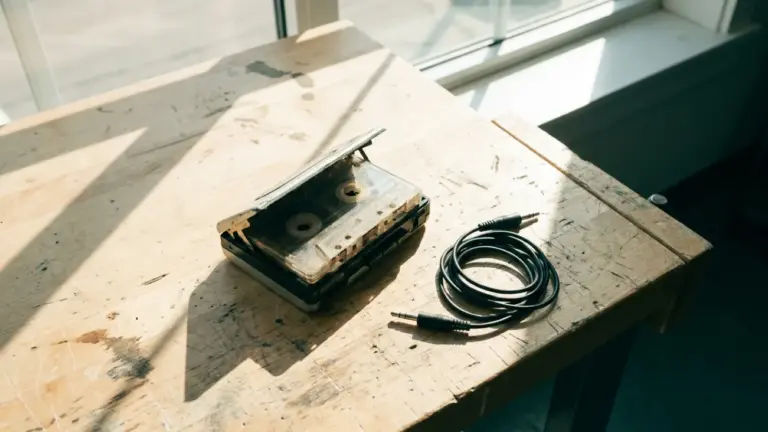 A portable cassette player open on a workbench with a tape half-inserted and a coiled cable beside it