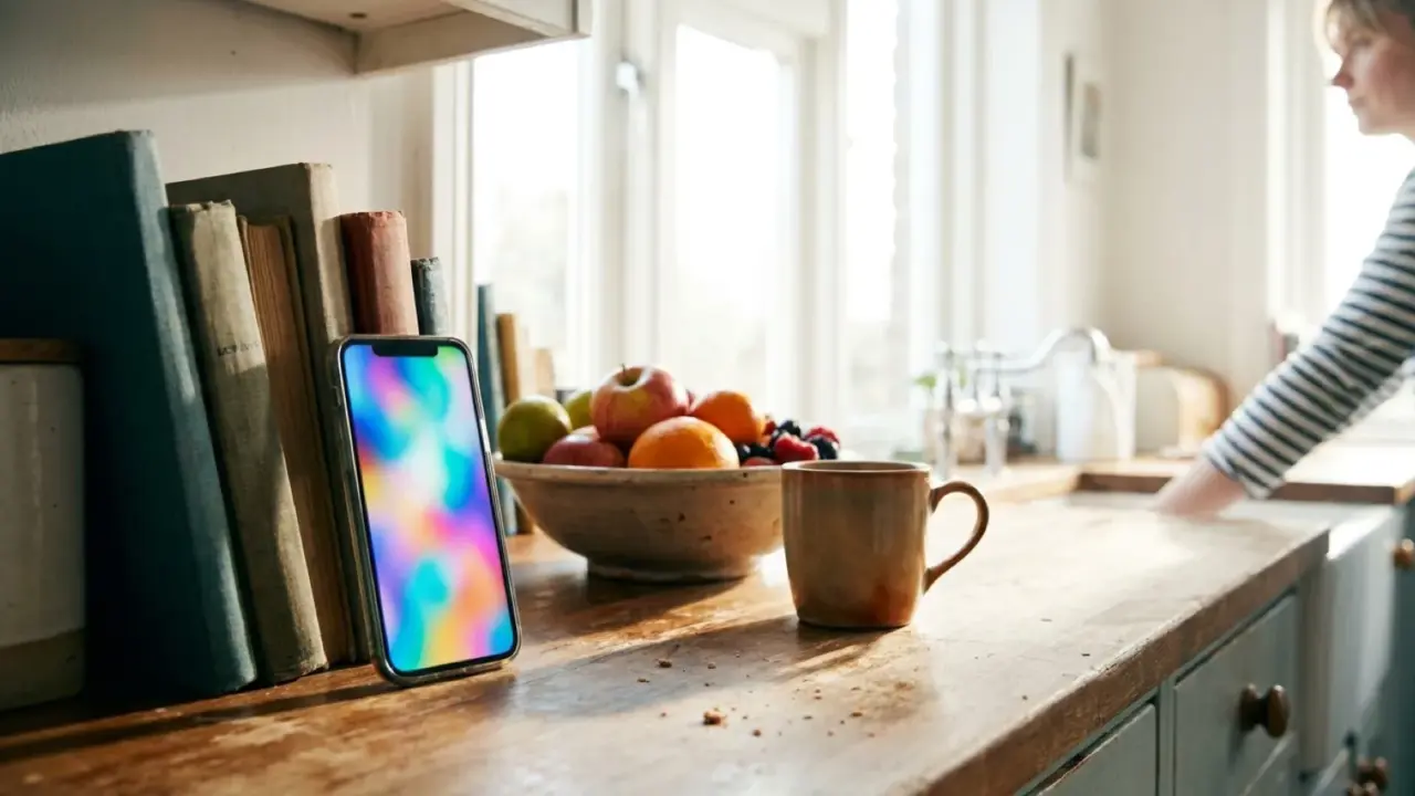 A phone propped against books on a bright kitchen counter, playing a video out of focus