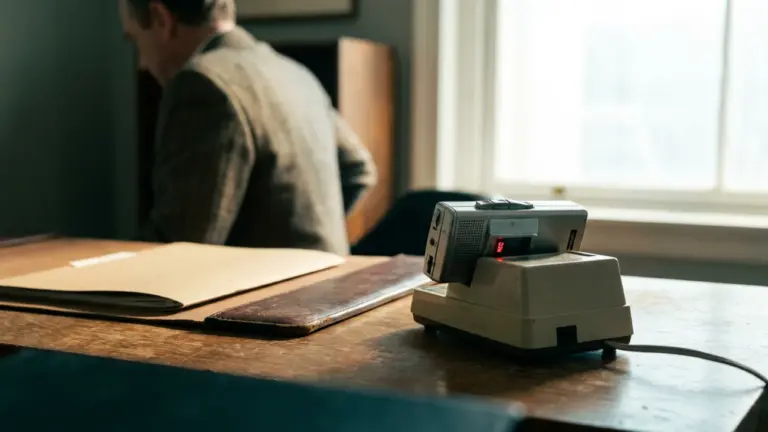 A dictaphone sitting in its charging cradle on a wooden office desk