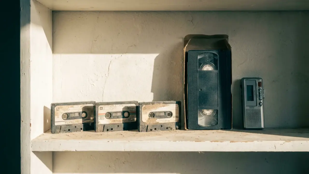 Three audio cassettes, a VHS tape and a small dictaphone lined up on a shelf