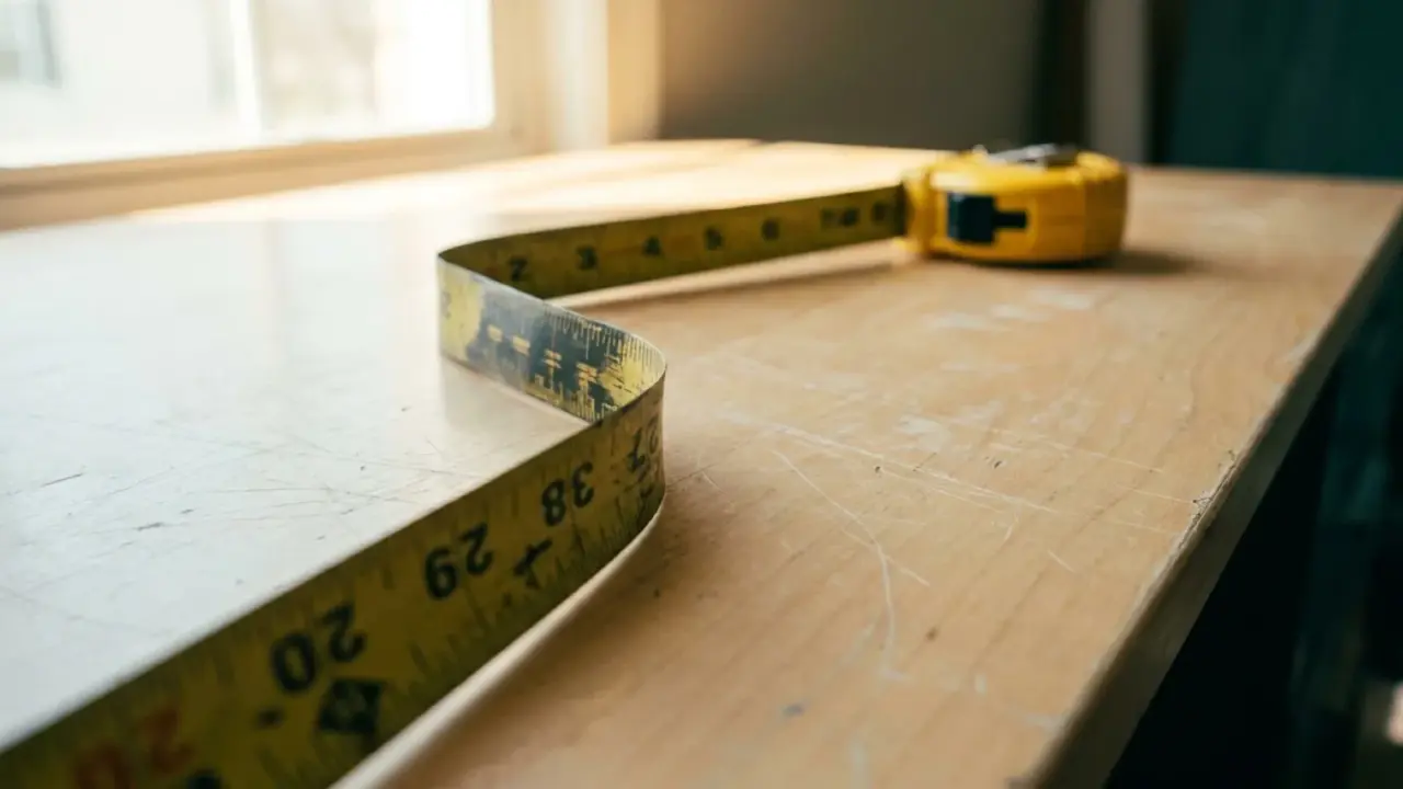 A steel tape measure unspooled in a curve across a desk, the marked blade in focus