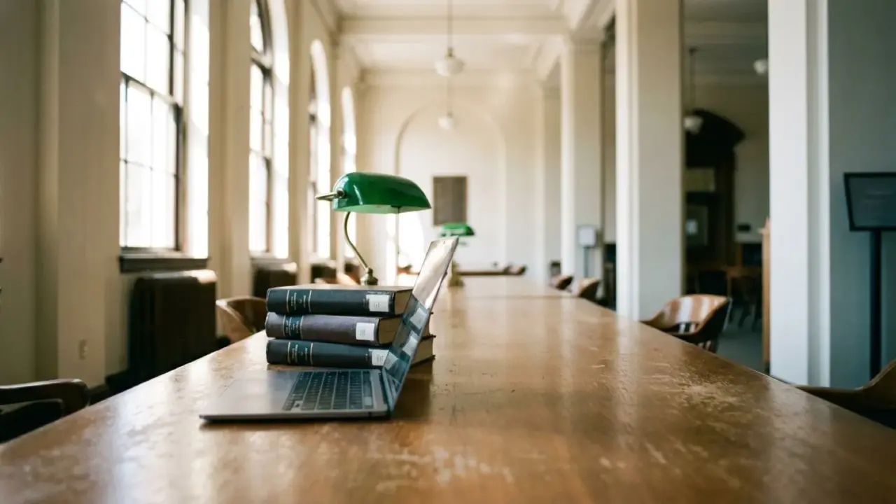 A long library reading table in daylight with a laptop and a stack of books