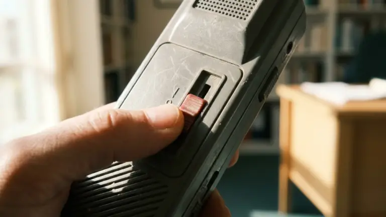 A worn handheld dictaphone held in one hand, a thumb resting on the record slider