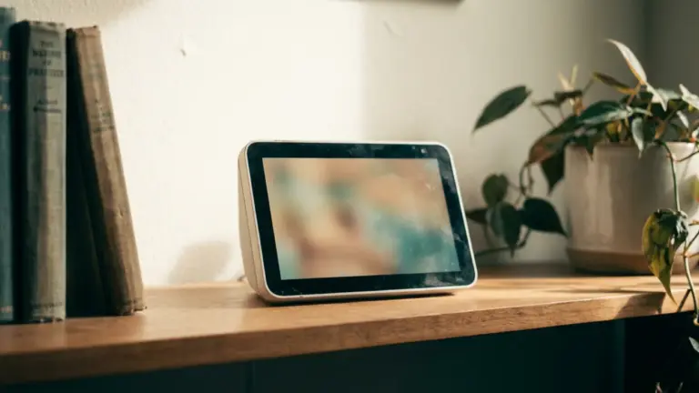 A small smart display on a shelf between books and a plant