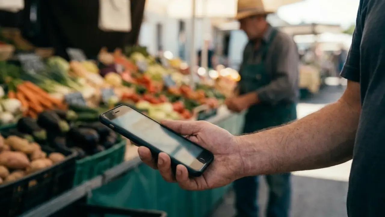 A hand holding a phone out toward a vegetable stall at a sunlit street market