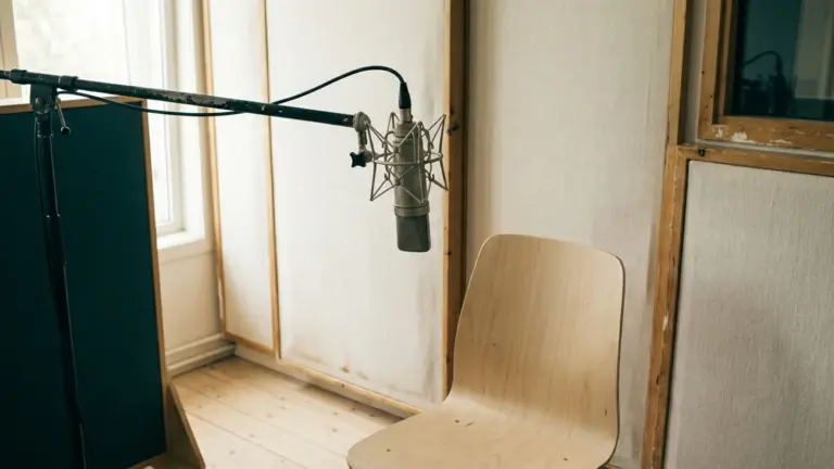 A studio microphone on a boom arm over an empty chair in a room with acoustic panels