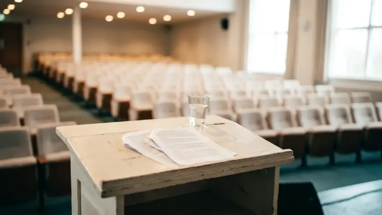 A lectern with printed pages and a glass of water, an empty auditorium behind