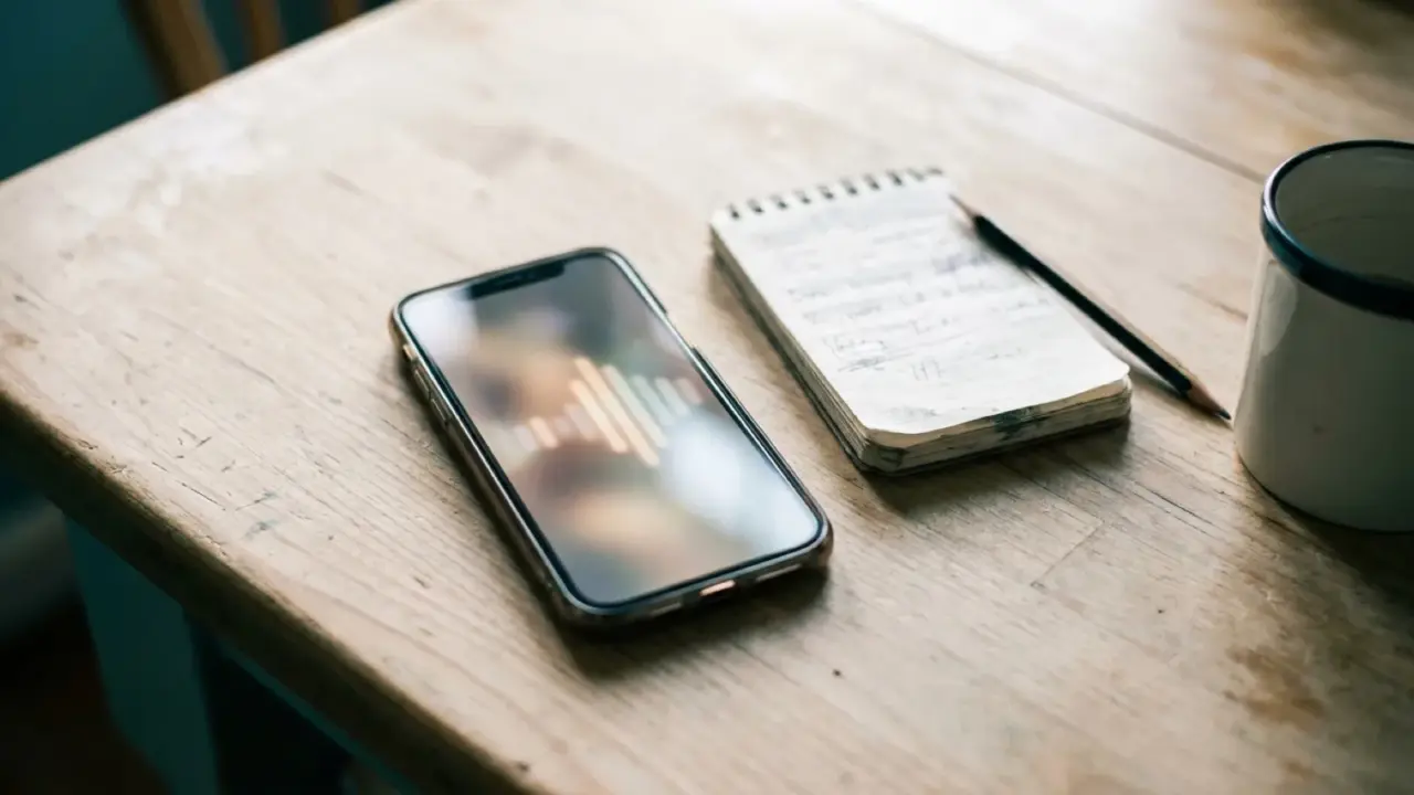 A phone lying on a kitchen table showing an audio waveform, a notepad and pencil beside it