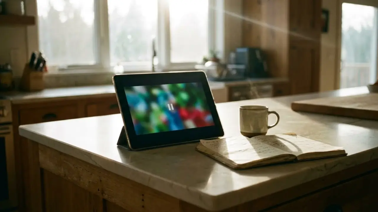 A tablet on a kitchen island beside coffee and a notebook, showing a paused video out of focus