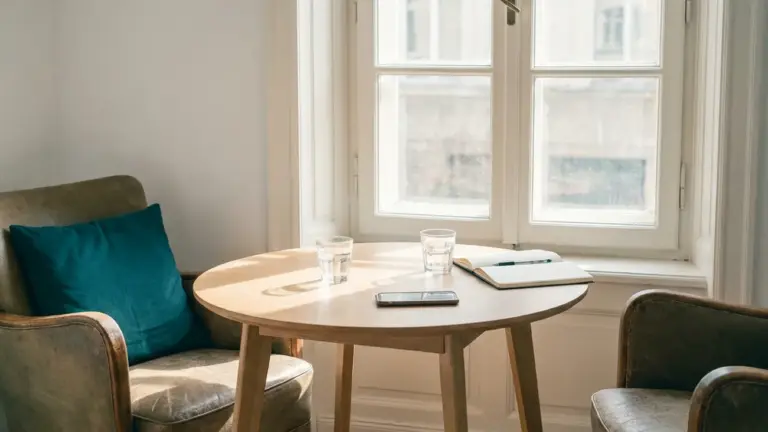 Two chairs facing each other at a small table by a window, a phone recording between them next to a notebook