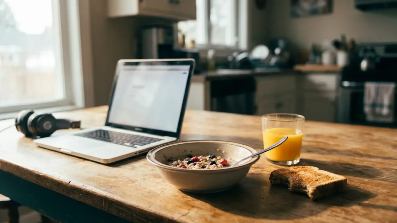 An open laptop and headphones on a sunlit kitchen table next to breakfast