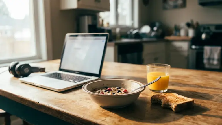 An open laptop and headphones on a sunlit kitchen table next to breakfast