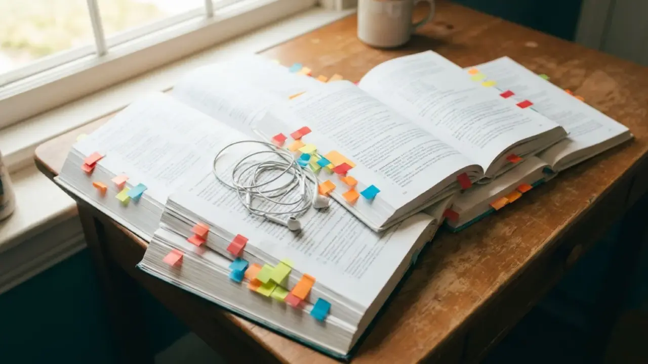 Language textbooks bristling with coloured sticky tabs, earbuds resting on top