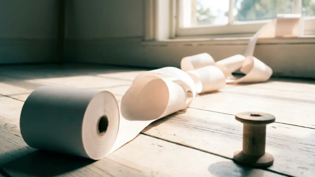 A blank paper till roll unspooled across a wooden floor and curling out of frame