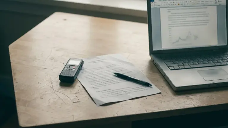 A desk with a handheld voice recorder, a printed sheet, a pen and an open laptop showing text