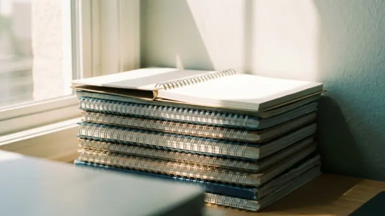 A stack of spiral-bound notebooks seen from the side, the topmost one open