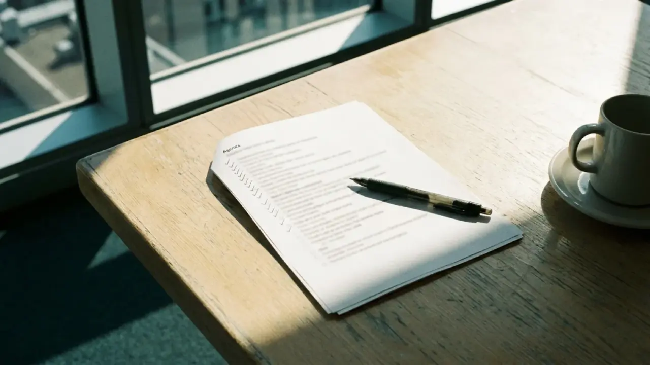A printed agenda with ticked items and a pen on a meeting table, seen from above