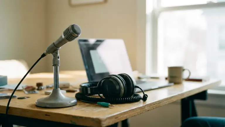 A desk microphone and a pair of headphones on a bright desk in front of a laptop