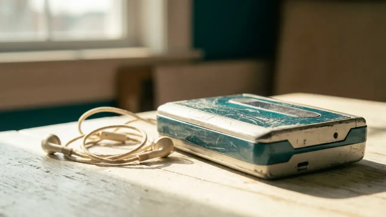 An old scratched portable music player with tangled earbuds beside it