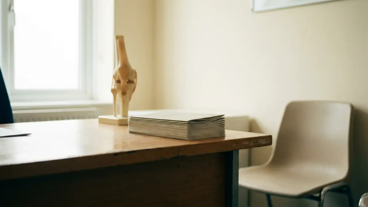 A consulting-room desk with a stack of leaflets and an empty chair beside it