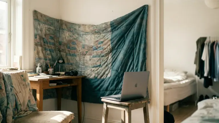 A bedroom corner used as a recording nook, a duvet pinned to the wall for damping