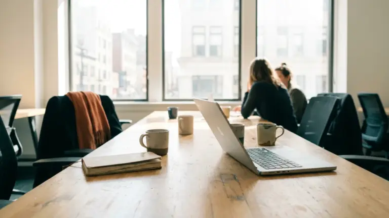 A meeting room table with an open laptop and cups, people out of focus at the far end