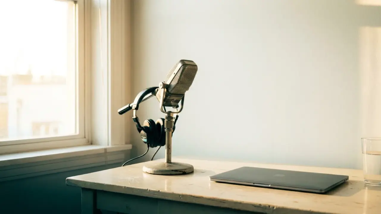 A home studio corner with a microphone on a desk stand, headphones and a closed laptop