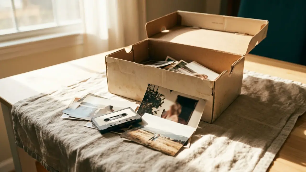 An open shoebox on a kitchen table with photographic prints and an audio cassette spilling out