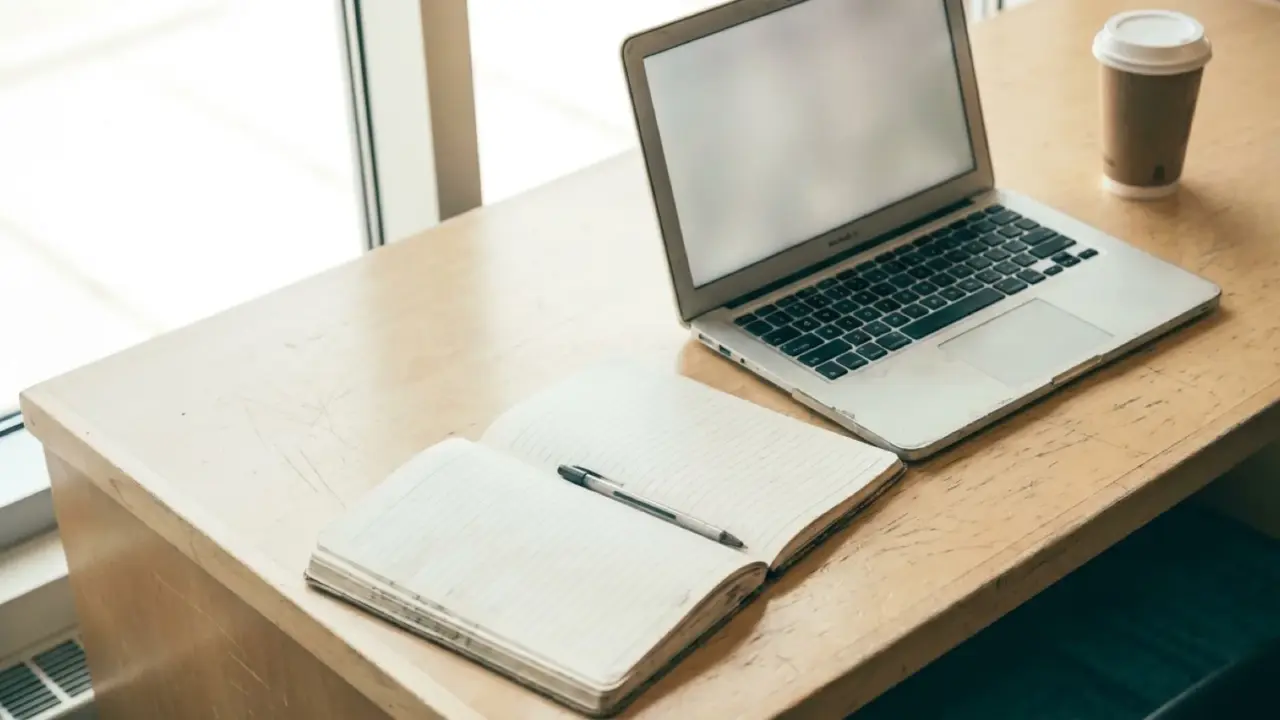 An open laptop and a notebook side by side on a library desk, a pen resting in the fold