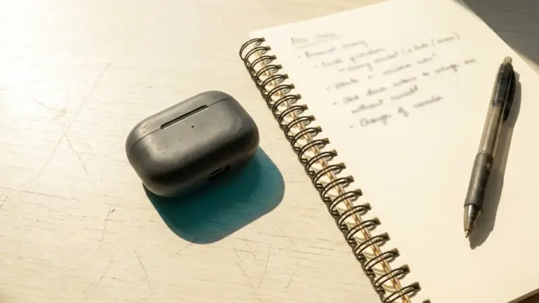 A closed earbud case on a desk beside an open notebook and a pen